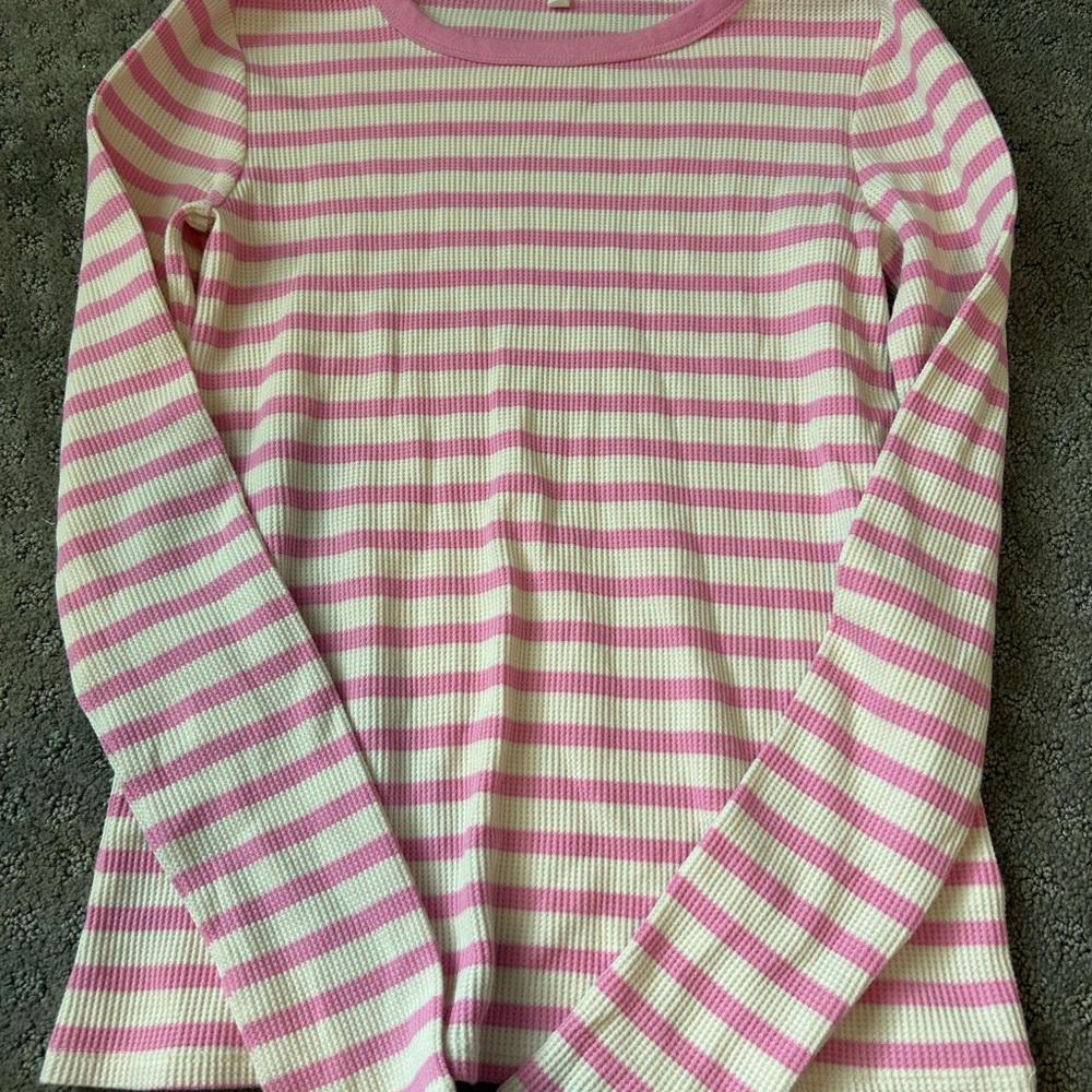 Aerie Size XS Pink and White Striped Waffle Long Sleeve Top EUC